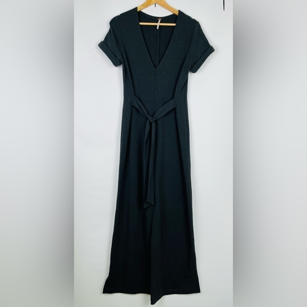 Free People Short Sleeve V-Neck Dark Gray Belted Jumpsuit